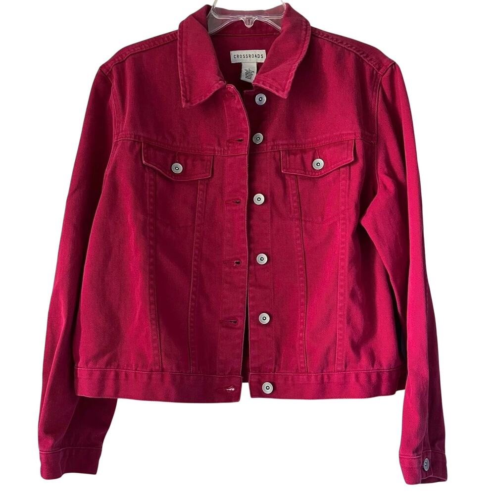 Crossroads Red Trucker Jean Jacket Womens Size L Cotton Casual Layer Travel